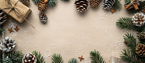 Top view of a festive holiday composition featuring a creative arrangement of green pine branches, cones, a gift box, and snow, with a border and ample copy space image.