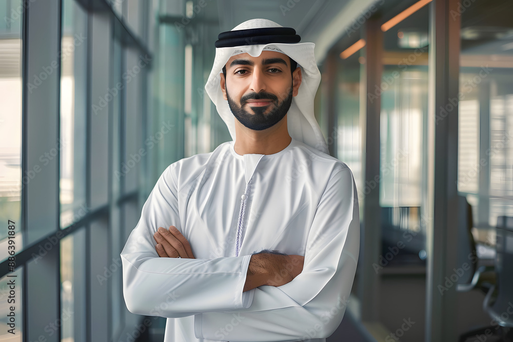 Young handsome Emirati business man in UAE traditional outfit standing on office with crossed arms. Arabic ambitious mature businessman. Young handsome Emirati business man in UAE traditional outfit standing on office with crossed arms. Arabic ambitious mature businessman.