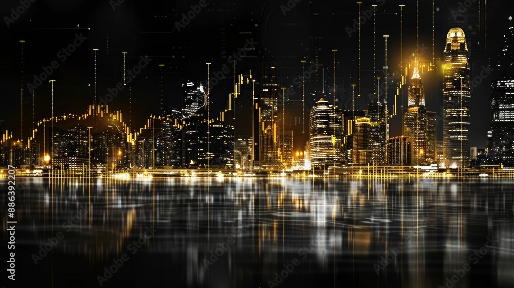 Fototapeta premium Golden Cityscape: A futuristic vision of a city illuminated by a shimmering network of data streams, reflecting the interconnectedness and dynamism of modern life.