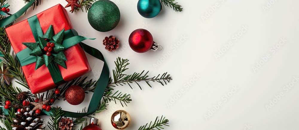 Top-down view of a red present wrapped in a green ribbon, amidst holiday ornaments and pine twigs on a white backdrop, with empty space for text or logos. image with copy space Top-down view of a red present wrapped in a green ribbon, amidst holiday ornaments and pine twigs on a white backdrop, with empty space for text or logos. image with copy space