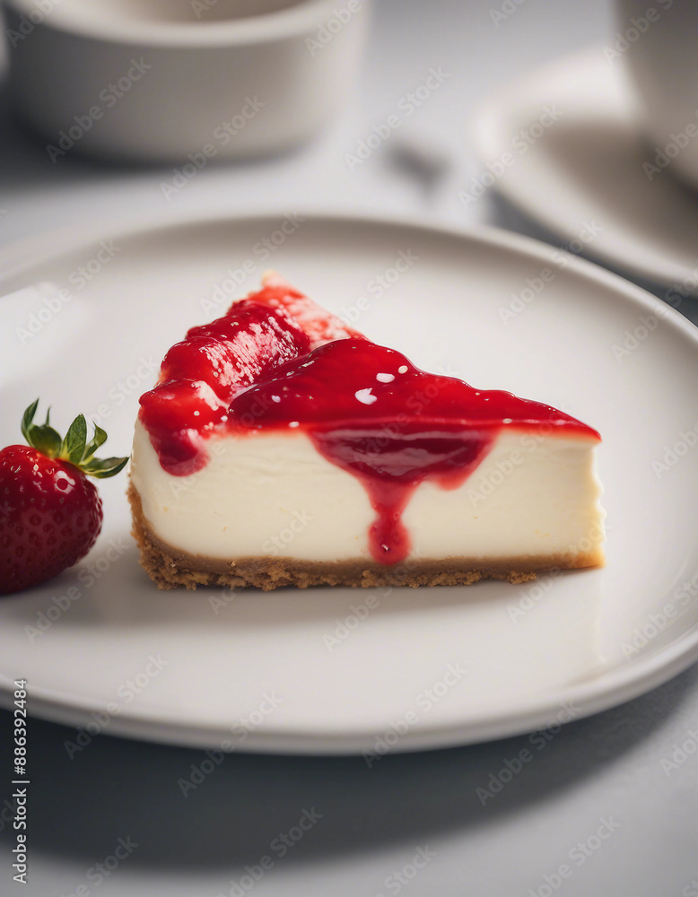 creamy cheesecake with a strawberry topping on a white porcelain plate
creamy cheesecake with a strawberry topping on a white porcelain plate