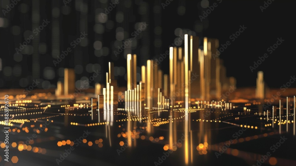 Golden Cityscape of Data: Abstract visualization of a futuristic city skyline, rendered in shimmering gold and black, symbolizing technological advancement and financial prosperity. Golden Cityscape of Data: Abstract visualization of a futuristic city skyline, rendered in shimmering gold and black, symbolizing technological advancement and financial prosperity.