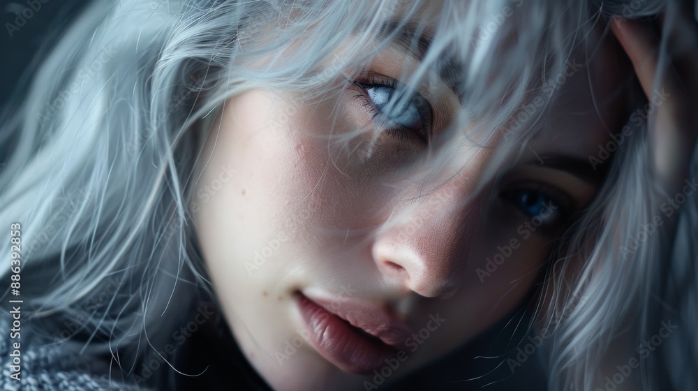 Woman With Silver Hair and Blue Eyes Looking Away Woman With Silver Hair and Blue Eyes Looking Away