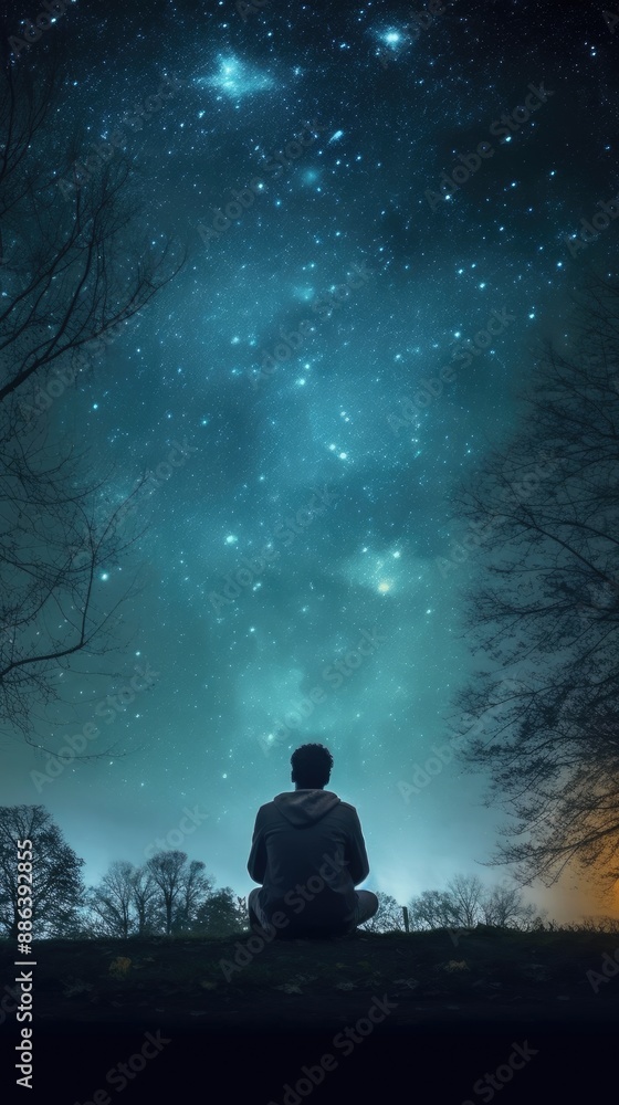 Fototapeta premium A man sits on the ground looking at the stars. Starry night sky landscape outdoor background. Vertical picture wallpaper. Generative AI