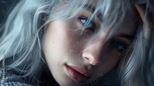 Woman With Silver Hair and Blue Eyes Looking Away