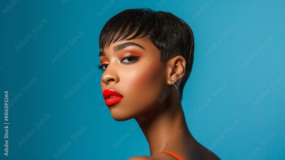 Woman With Short Black Hair Posing Against A Blue Background Woman With Short Black Hair Posing Against A Blue Background
