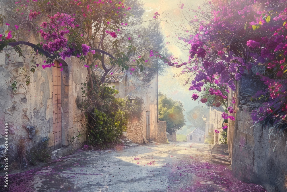 Obraz premium Sunlit Pathway Through Blooming Village