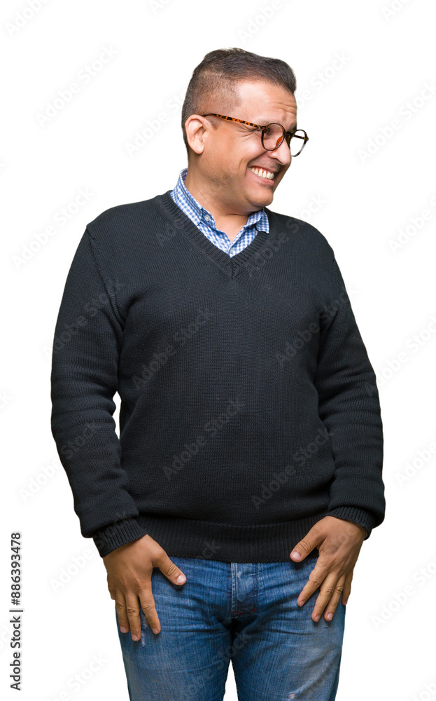 Fototapeta premium Middle age bussines arab man wearing glasses over isolated background looking away to side with smile on face, natural expression. Laughing confident.