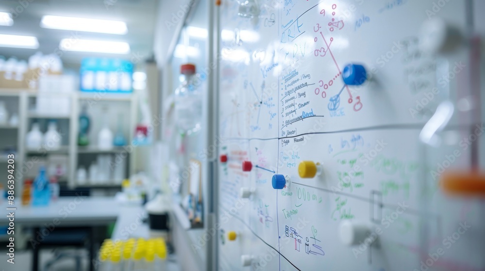 Whiteboard with Scientific Notes and Colored Push Pins in a Laboratory. Whiteboard with Scientific Notes and Colored Push Pins in a Laboratory.