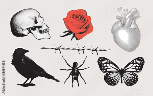 Collage design elements in trendy dotted pop art style. Gothic dark elements. Trendy halftone collage. Human heart, red rose, barbed wire and other trendy Y2K elements.