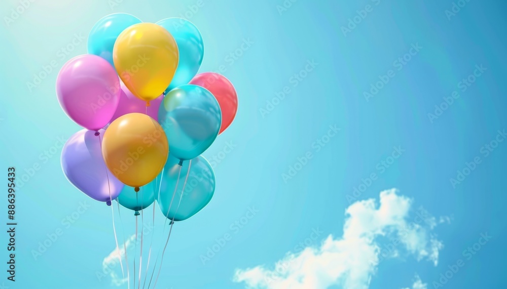 Colorful helium balloons floating against blue sky Colorful helium balloons floating against blue sky