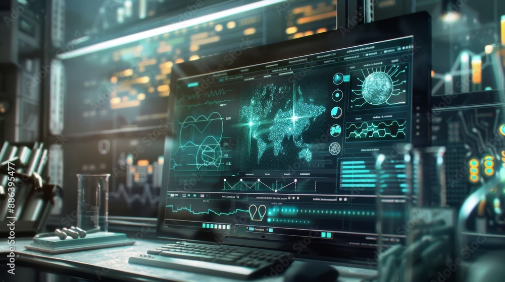 Futuristic Computer Interface with World Map and Data. Futuristic Computer Interface with World Map and Data.