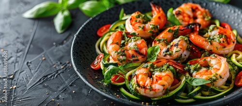 Wallpaper Mural Vegetarian zucchini noodles adorned with pesto sauce and grilled shrimp skewers, ideal for low-carb diets, shown in copy space image. Torontodigital.ca