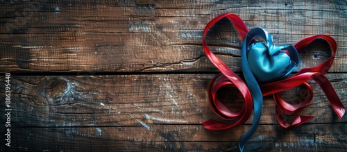 Valentine's Day themed image featuring two heart-shaped ribbons in red and blue colors on a rustic wooden background with copy space for text. photo