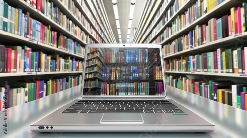 Laptop with bookshelves reflected on screen in library.