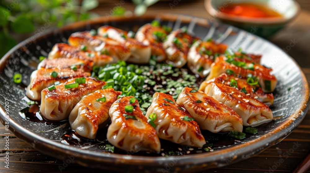 japanese gyoza dish, freshly steamed gyoza dumplings with dipping sauce, authentic and delicious japanese cuisine on a plate japanese gyoza dish, freshly steamed gyoza dumplings with dipping sauce, authentic and delicious japanese cuisine on a plate