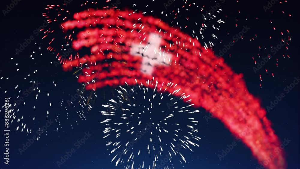Switzerland holiday banner template. Fireworks swiss flag night sky ...