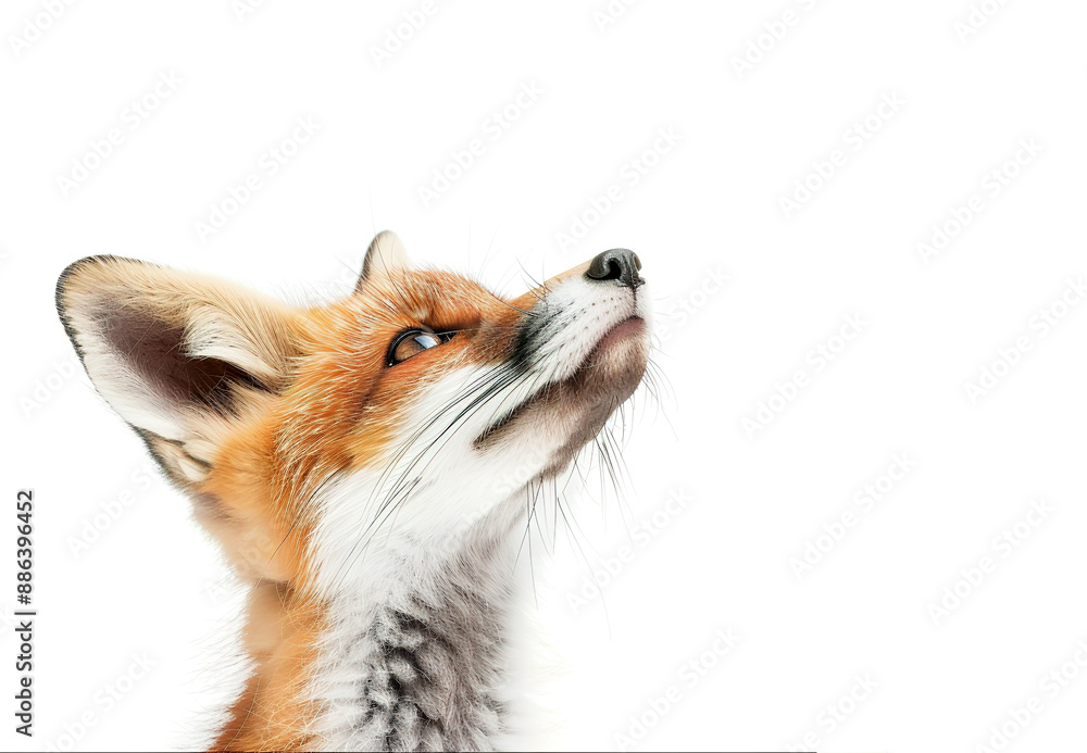 Obraz premium Alert red fox kit sits attentive with ears perked on white background. Wildlife Animals.