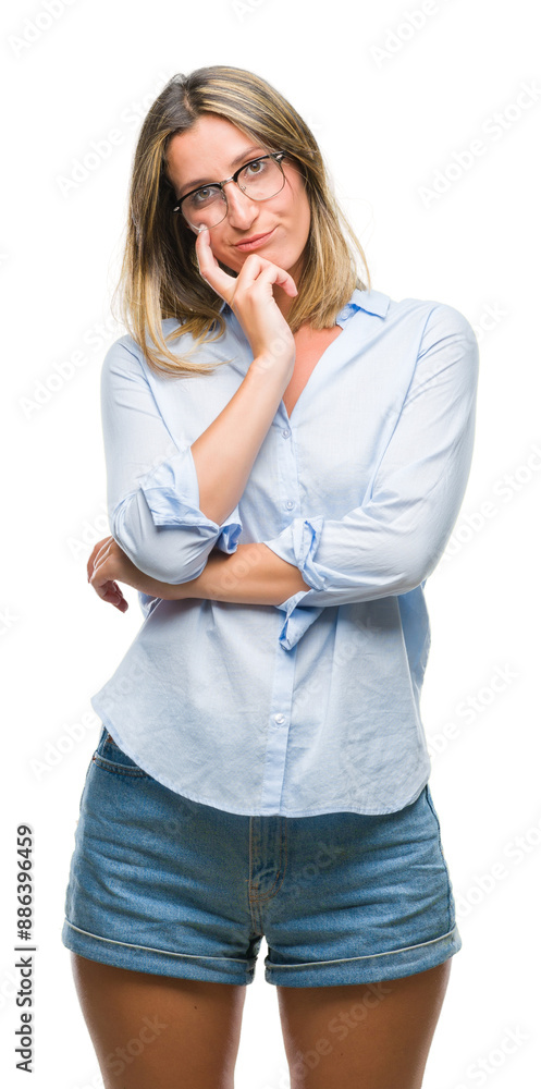 Young beautiful business woman over isolated background thinking looking tired and bored with depression problems with crossed arms. Young beautiful business woman over isolated background thinking looking tired and bored with depression problems with crossed arms.