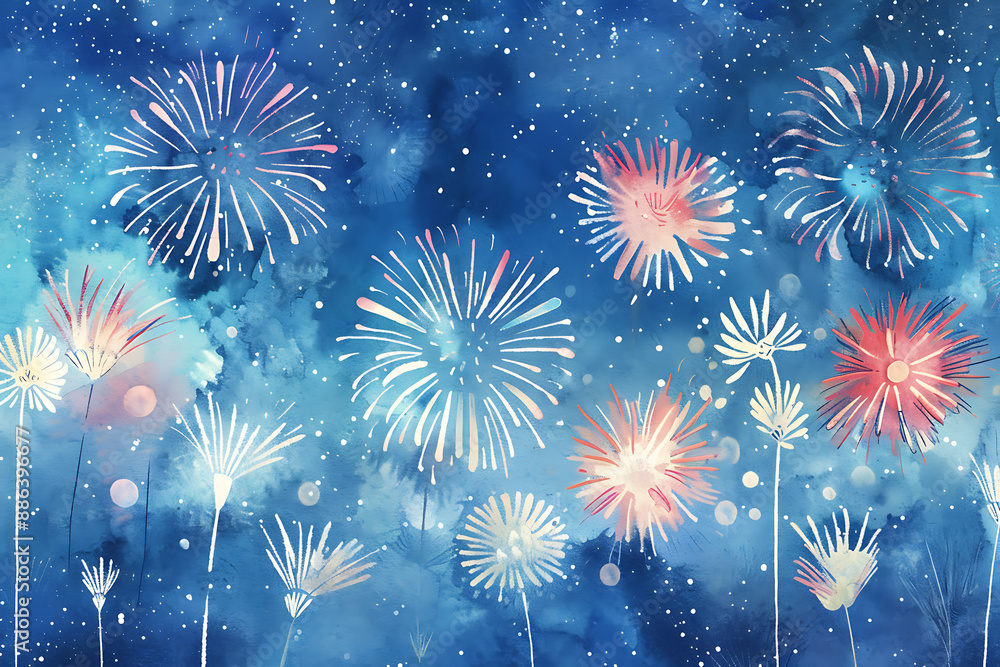 Fototapeta premium Multicolored fireworks over the blue surface of the lake at night ,Sky lanterns with fireworks, flying lanterns, floating lanterns, hot-air balloons , 