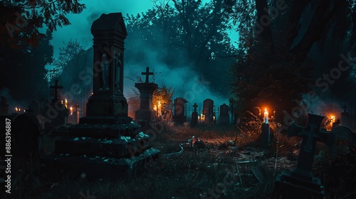 Halloween background, creepy old cemetery with ancient tombstones, ghostly figures and flickering candles, eerie and haunting vibe, photography, low light,