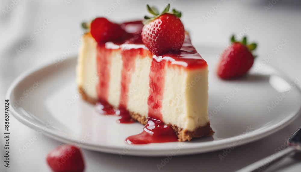 creamy cheesecake with a strawberry topping on a white porcelain plate
creamy cheesecake with a strawberry topping on a white porcelain plate
