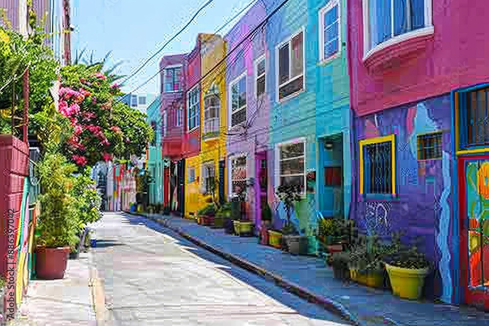 Obraz premium Vibrant street scene in San Francisco, California featuring historic architecture, bustling traffic, and diverse crowds, Discovering hidden gems in a lively and colorful neighborhood