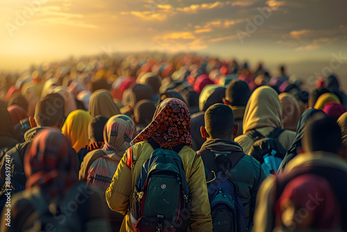 Crowd of refugee people goes in a line and a humanitarian disaster zone to cross the border into another country. 