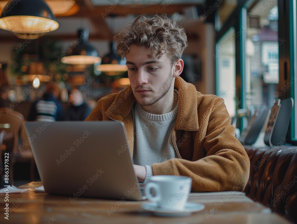 Young Man Working On Laptop In Cafe Young Man Working On Laptop In Cafe