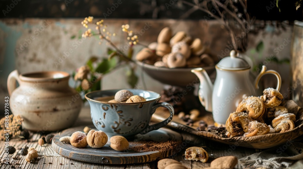 Fototapeta premium Rustic Tea Set with Cookies on Wooden Table