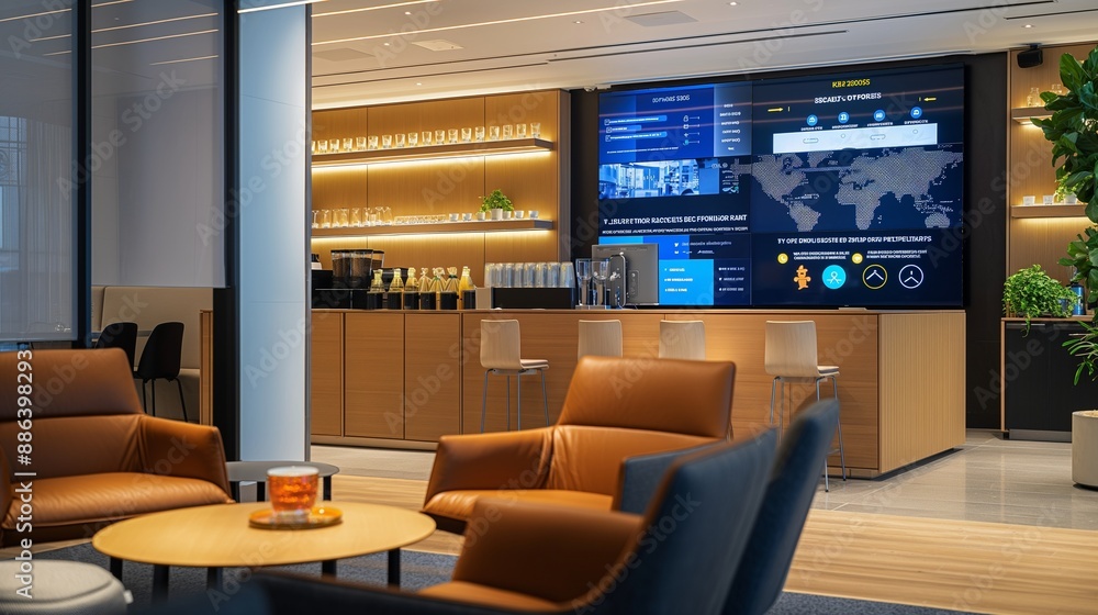 A sophisticated startup lounge area with comfortable seating, a coffee station, and a digital display board showing company achievements. A sophisticated startup lounge area with comfortable seating, a coffee station, and a digital display board showing company achievements.