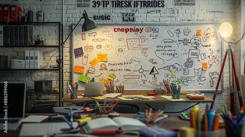 Wallpaper Mural A startup office featuring a brainstorming session setup with whiteboards covered in diagrams and charts, and a table full of creative tools. Torontodigital.ca