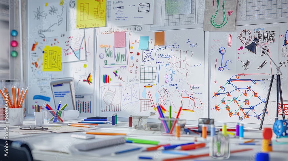A startup office featuring a brainstorming session setup with whiteboards covered in diagrams and charts, and a table full of creative tools. A startup office featuring a brainstorming session setup with whiteboards covered in diagrams and charts, and a table full of creative tools.