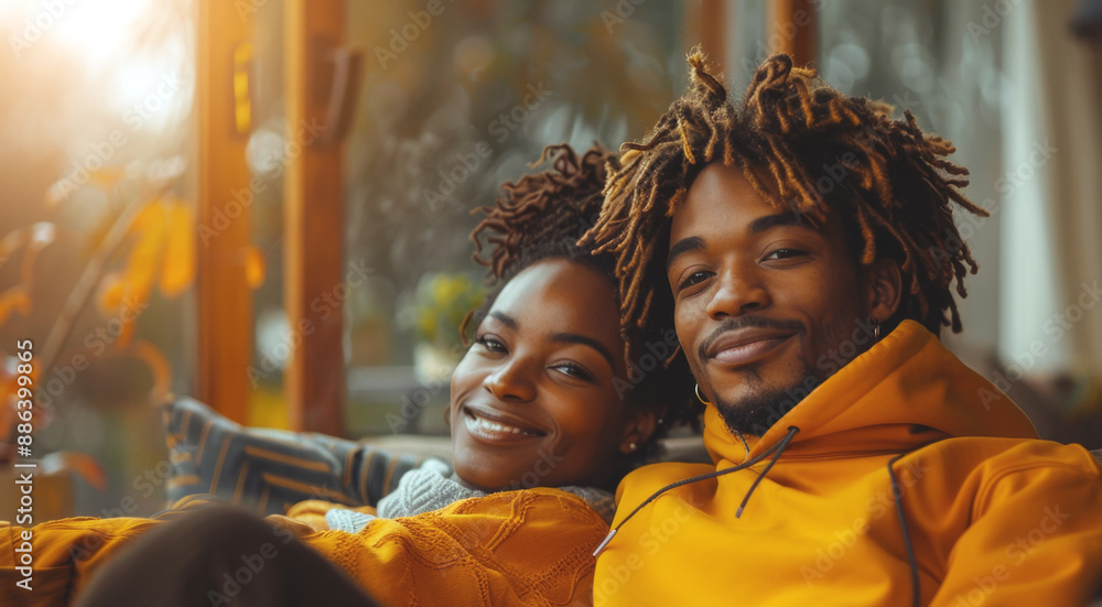 Fototapeta premium A couple sits close together in a sunny living room, both smiling.
