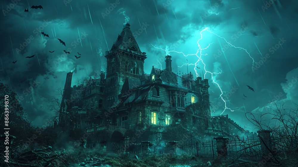 Haunted House Raining Background Halloween background, eerie haunted house on a stormy night, lightning ...