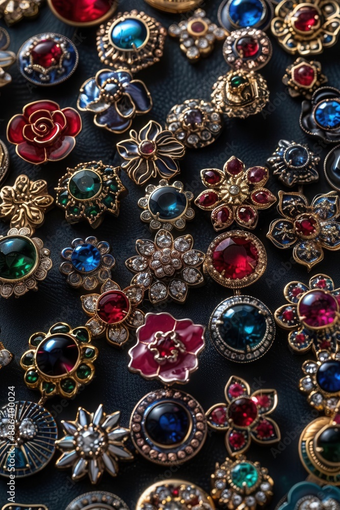 Aerial shot of luxury fashion pins and lapel pins, space for text