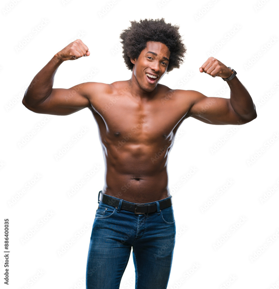 Afro american shirtless man showing nude body over isolated background showing arms muscles smiling proud. Fitness concept. Afro american shirtless man showing nude body over isolated background showing arms muscles smiling proud. Fitness concept.