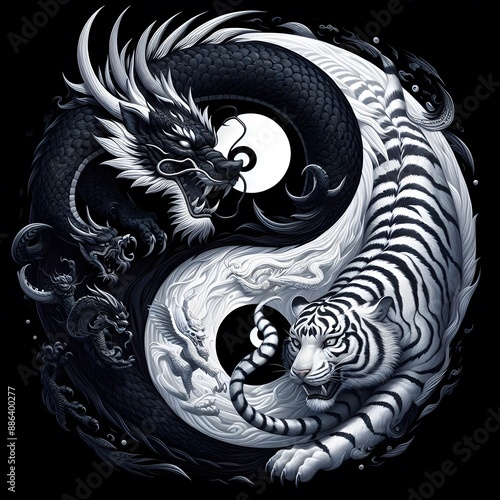 AI Generate A Black Dragon and White Tiger flying in circle create a yin yang pattern