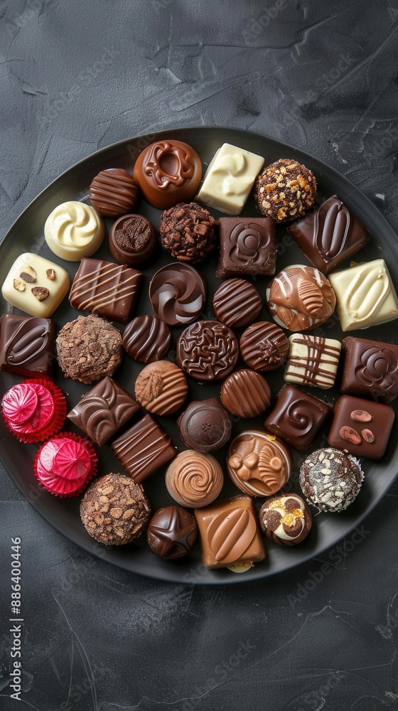 Assorted Swiss chocolates on a platter, bird's-eye view, room for copy Assorted Swiss chocolates on a platter, bird's-eye view, room for copy