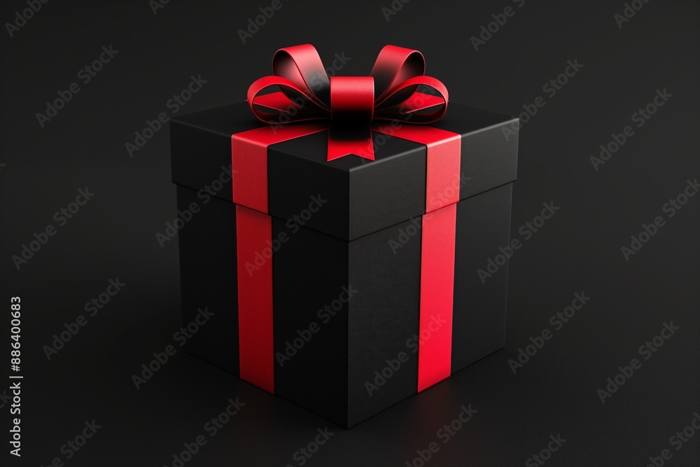 Dark setting featuring a single black gift box with a red ribbon Dark setting featuring a single black gift box with a red ribbon