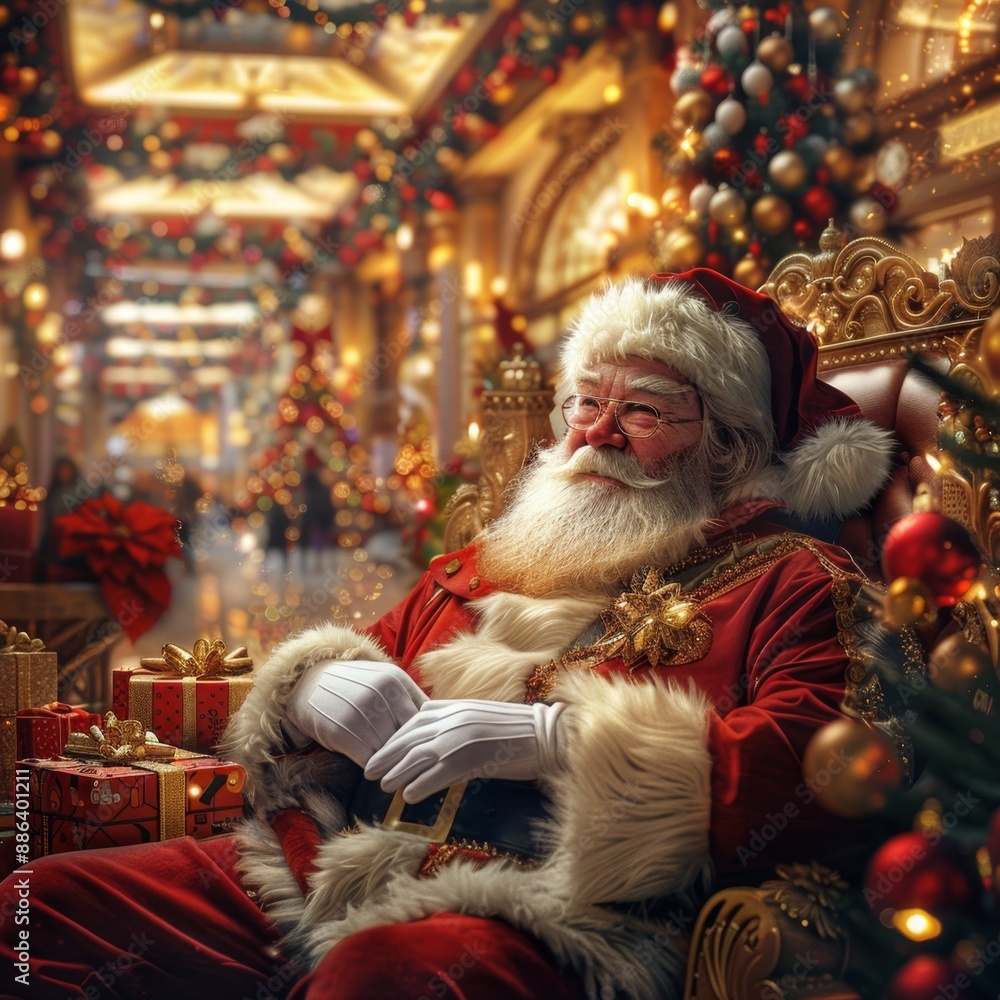 Santa claus relaxing on throne in magical christmas mall Santa claus relaxing on throne in magical christmas mall