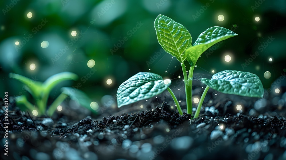 small plant pushing through soil, surrounded by digital networks and data points, with green energy waves and solar panels in the background small plant pushing through soil, surrounded by digital networks and data points, with green energy waves and solar panels in the background