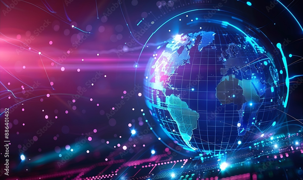 Futuristic digital globe map with neon light background, Generative AI Futuristic digital globe map with neon light background, Generative AI