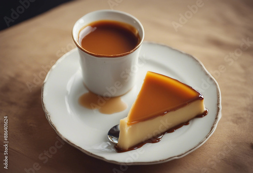 flan, creamy, rich, caramel, sauce, fine, china, plate, dessert, sweet, custard, indulgent, delicious, treat, caramelized, elegant, traditional, silky, smooth, gourmet, baked, delicacy, vanilla, decad photo