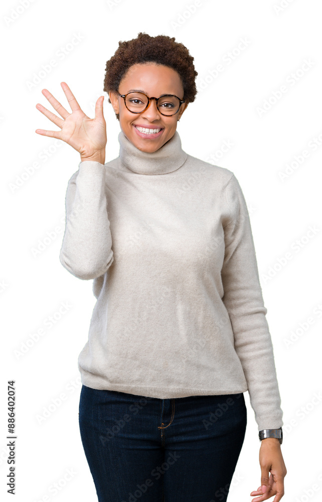 Young beautiful african american woman wearing glasses over isolated background showing and pointing up with fingers number five while smiling confident and happy. Young beautiful african american woman wearing glasses over isolated background showing and pointing up with fingers number five while smiling confident and happy.