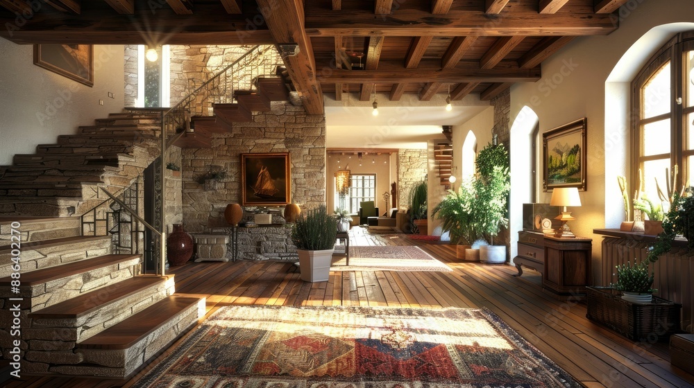 Rustic Interior Design: Stone Staircase and Wooden Beams in a Cozy Home Rustic Interior Design: Stone Staircase and Wooden Beams in a Cozy Home