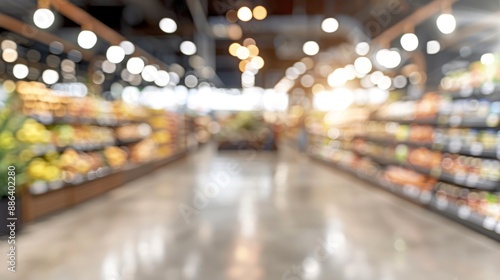 Blurred supermarket interior with lights and shelves.