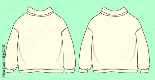 baby unsex funnel neck drop shoulder terry fleece sweatshirt fashion illustration flat sketch vector.