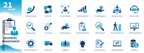 Business management icon. Set of icons for work, time management, leadership, finance, ideas, project management
