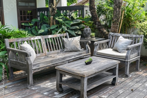 Distressed teak patio furniture set on a wooden deck with chairs, Distressed teak patio furniture with a silvery patina © Iftikhar alam